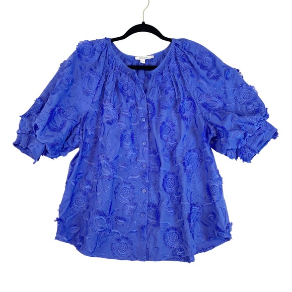 Chico's Tops - Chicos Top Women's Sz 14 Floral Embroidered Puff Sleeve Button Front Blouse
